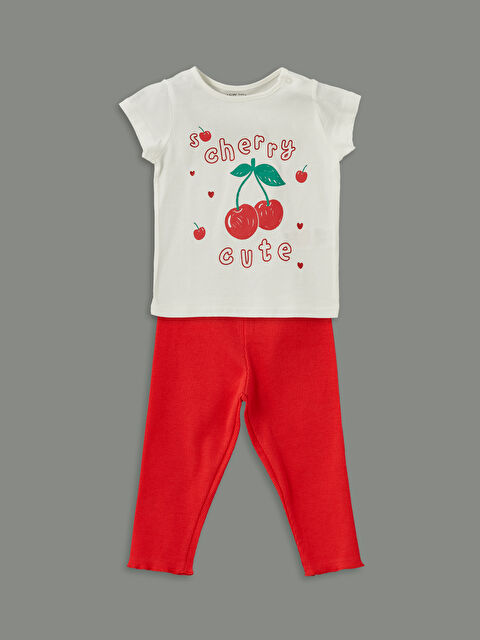 LCW baby تيشيرت برقبة دائرية مطبوع وبنطال ليقنز للبنات الرضع - عبوة من قطعتين - S5EA64Z1-FDU