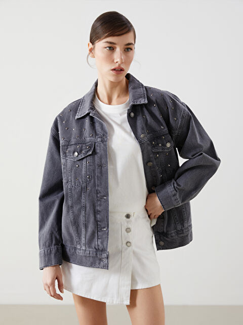 LCW Vision Gömlek Yaka Taşlı Oversize Kadın Jean Ceket - S5EB52Z8-GRD