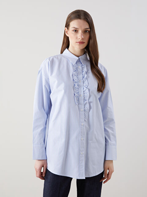 LCW Modest Striped Ruffled Oversize Women's Shirt Tunic - S5EC35Z8-LEN