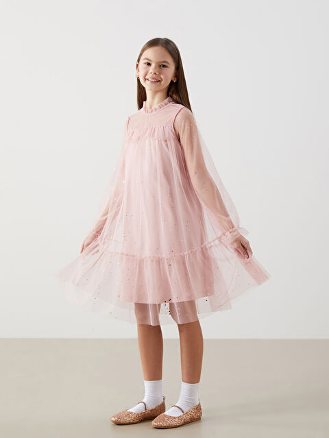 LCW Kids Bisiklet Yaka Işıltılı Kız Çocuk Elbise - S5EQ53Z4-LT7