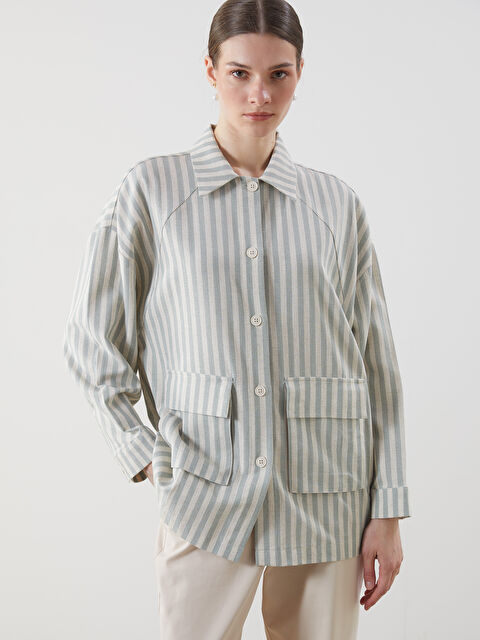 LCW Modest Çizgili Oversize Keten Karışımlı Kadın Gömlek Ceket - S5FE30Z8-LFH