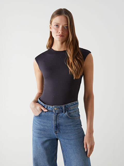 LCW Vision Bisiklet Yaka Taşlı Kadın Bodysuit - S5FF79Z8-CVL