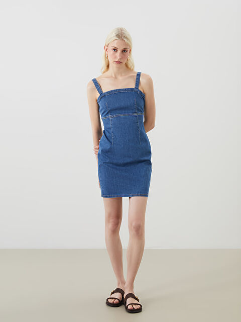 LCW Vision Kare Yaka Askılı Mini Jean Elbise - S5FK17Z8-507