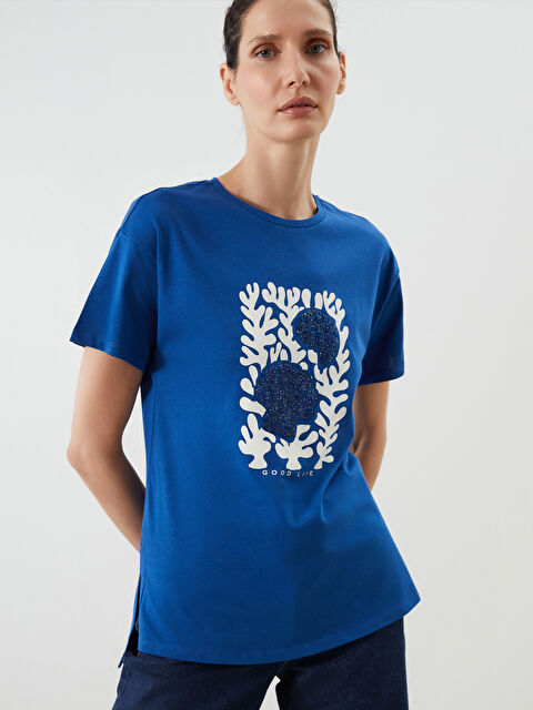 LCWAIKIKI Classic Bisiklet Yaka Baskılı Kadın Tişört - S5FQ18Z8-HPQ