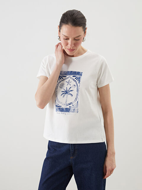 LCWAIKIKI Classic Bisiklet Yaka Baskılı Kadın Tişört - S5FQ20Z8-R9J