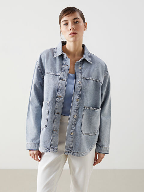 LCWAIKIKI Classic Gömlek Yaka Oversize Kadın Jean Ceket - S5FT91Z8-311