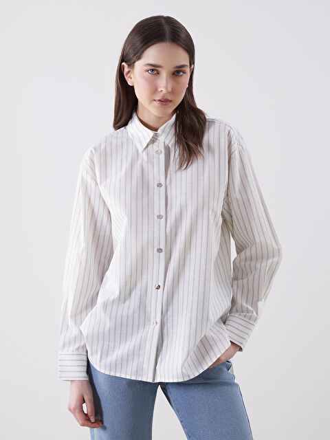LCW Vision قميص نسائي واسع الحجم مُخَطَّط بمزيج الكتان - S5G198Z8-LGE