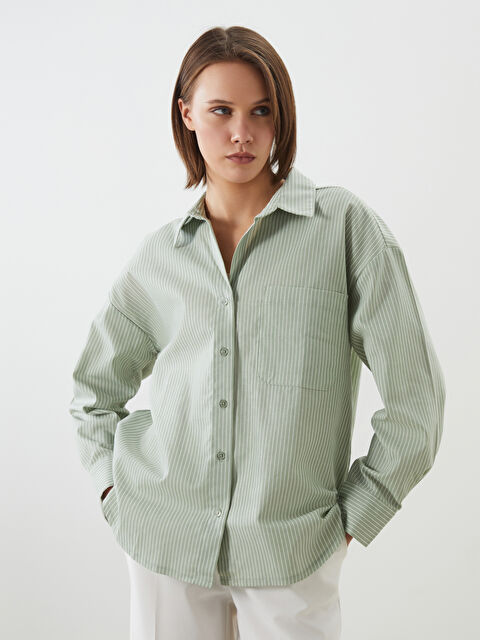 LCW Vision قميص نسائي واسع الحجم مُخَطَّط بمزيج الكتان - S5G205Z8-LFT