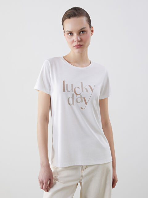 LCWAIKIKI Classic Bisiklet Yaka Baskılı Kadın Tişört - S5G416Z8-R9J