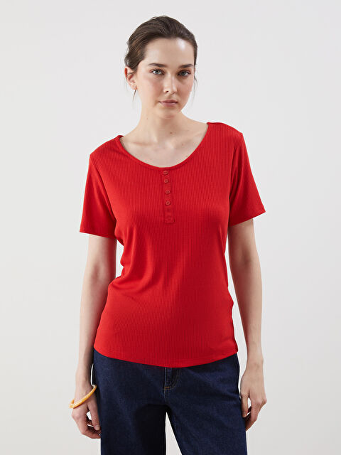 LCWAIKIKI Classic Bisiklet Yaka Dokulu Kadın Tişört - S5G917Z8-KYV