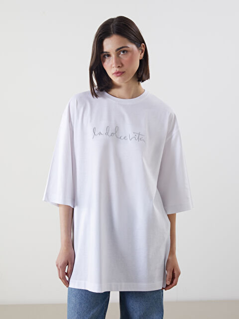 LCW Modest Crew Neck Embroidered Oversize Women's T-Shirt - S5GG77Z8-Q6K