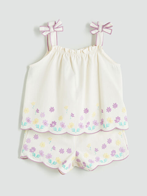 LCW Kids Kare Yaka Çiçekli Kız Çocuk Bluz ve Şort 2'li - S5GH93Z1-FDV