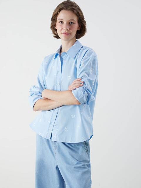 LCWAIKIKI Classic Fiyonk Nakışlı Oversize Poplin Kadın Gömlek - S5GJ18Z8-LEN