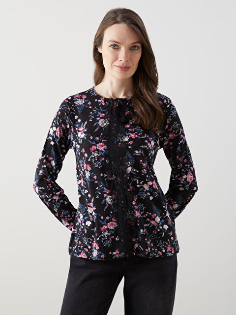 LCW Grace Tie Neck Floral Women's Blouse - S5GL14Z8-SW5