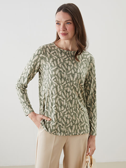 LCW Grace Bisiklet Yaka Desenli Kadın Tişört - S5GL16Z8-LRF