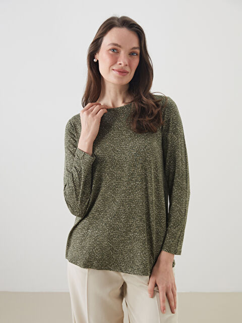 LCW Grace Bisiklet Yaka Desenli Kadın Tişört - S5GL16Z8-LS6