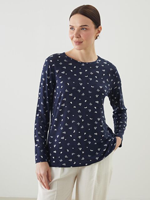 LCW Grace Bisiklet Yaka Desenli Kadın Tişört - S5GL16Z8-LSF