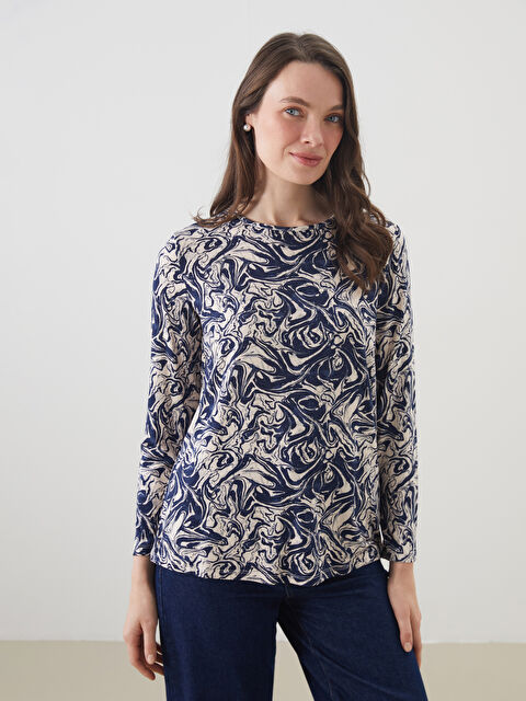 LCW Grace Bisiklet Yaka Desenli Kadın Tişört - S5GL16Z8-LSG