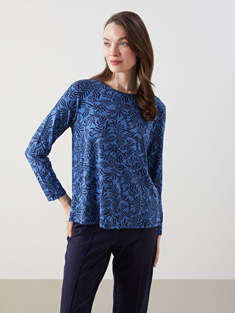 LCW Grace Bisiklet Yaka Desenli Kadın Tişört - S5GL16Z8-LSJ