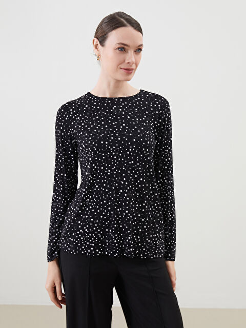 LCW Grace Bisiklet Yaka Desenli Kadın Tişört - S5GL16Z8-SW8