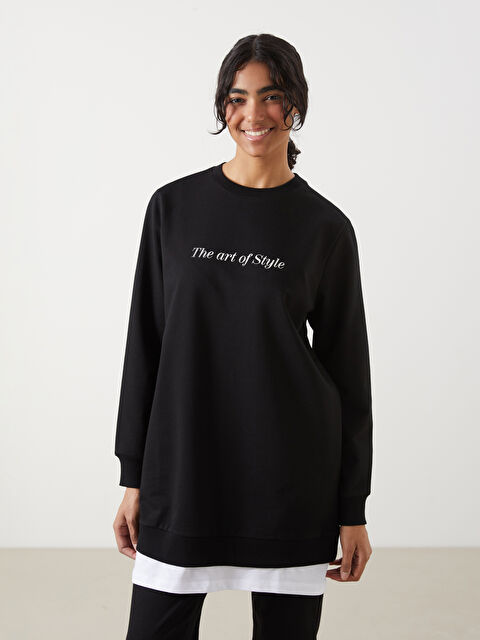 LCW Modest Bisiklet Yaka Baskılı Kadın Sweatshirt Tunik - S5GN16Z8-CVL