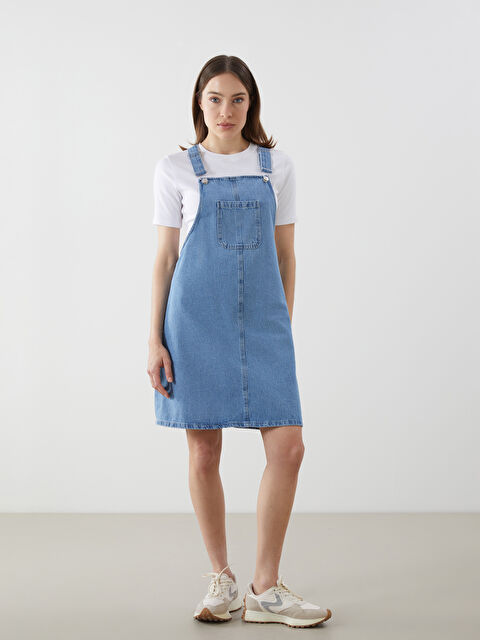 LCW Comfort Kare Yaka Düz Askılı Kadın Jean Salopet Elbise - S5GN82Z8-507
