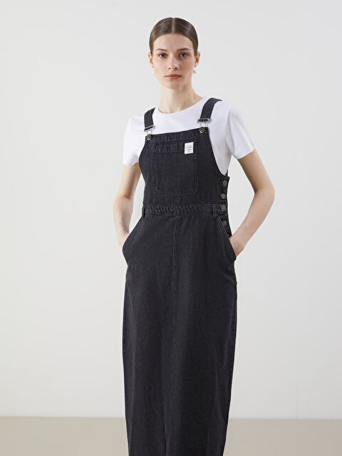 LCW Modest Kare Yaka Düz Askılı Kadın Jean Salopet Elbise - S5GP26Z8-326