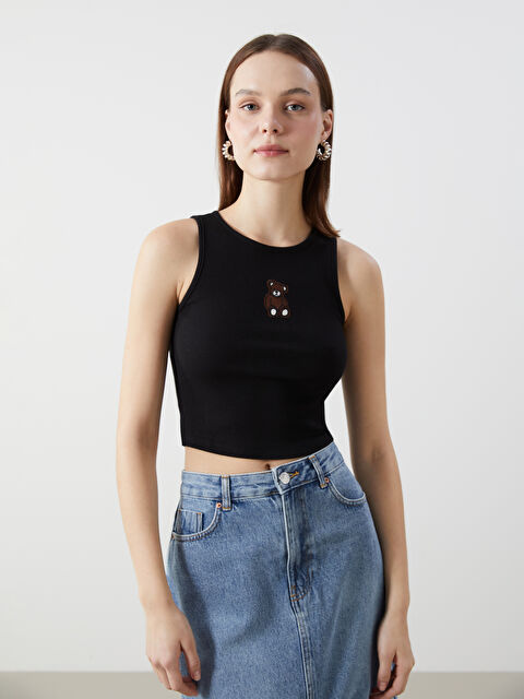 XSIDE Bisiklet Yaka Nakışlı Kadın Crop - S5GR92Z8-CVL