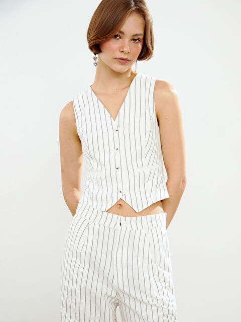 XSIDE V Yaka Çizgili Keten Karışımlı Kadın Klasik Yelek - S5GT72Z8-R9J