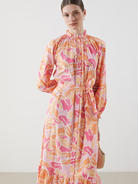 LCW Modest Fırfırlı Dik Yaka Çiçekli Kadın Gömlek Elbise - S5GV44Z8-F9C