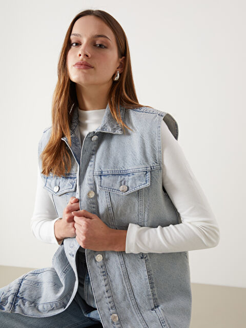 LCW Modest Gömlek Yaka Kadın Jean Yelek - S5H005Z8-311