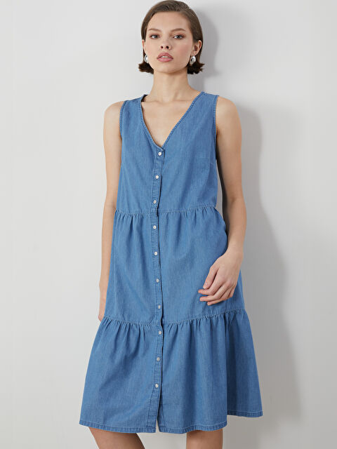 LCWAIKIKI Classic V-Neck Tiered Denim Dress - S5H955Z8-H45