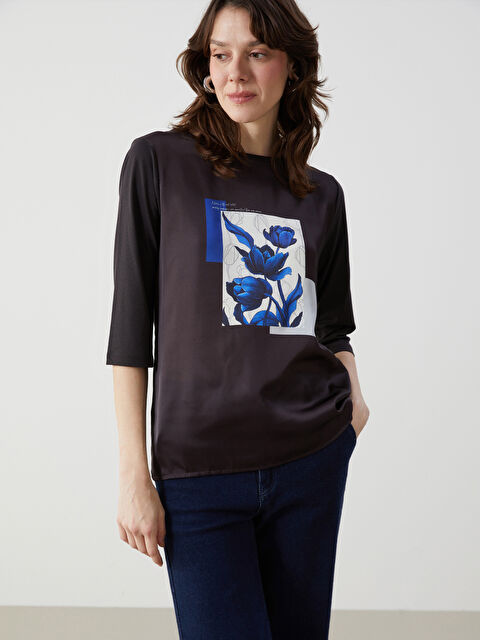 LCWAIKIKI Classic Bisiklet Yaka Çiçekli Kadın Tişört - S5H993Z8-CVL