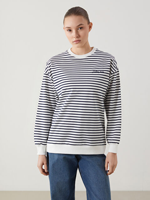 LCW Modest Bisiklet Yaka Çizgili Kadın Sweatshirt Tunik - S5HA15Z8-LGP