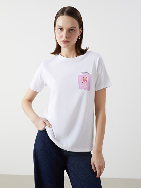 LCW Comfort Bisiklet Yaka Baskılı Kadın Tişört - S5HQ96Z8-Q6K