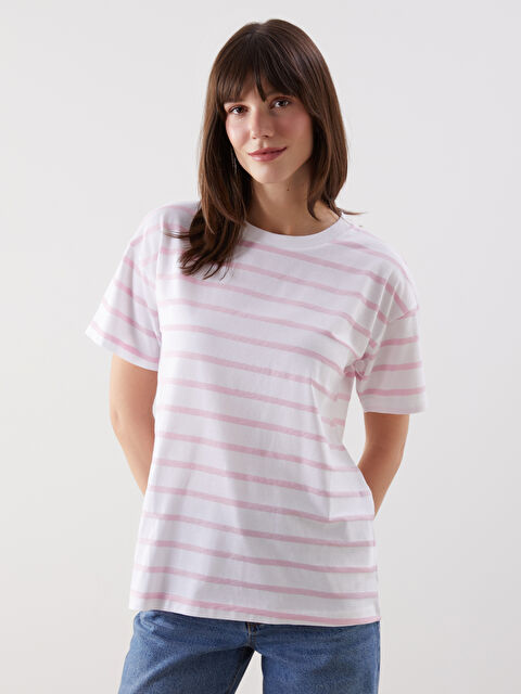 LCW Comfort Bisiklet Yaka Çizgili Kadın Tişört - S5HQ99Z8-LHK