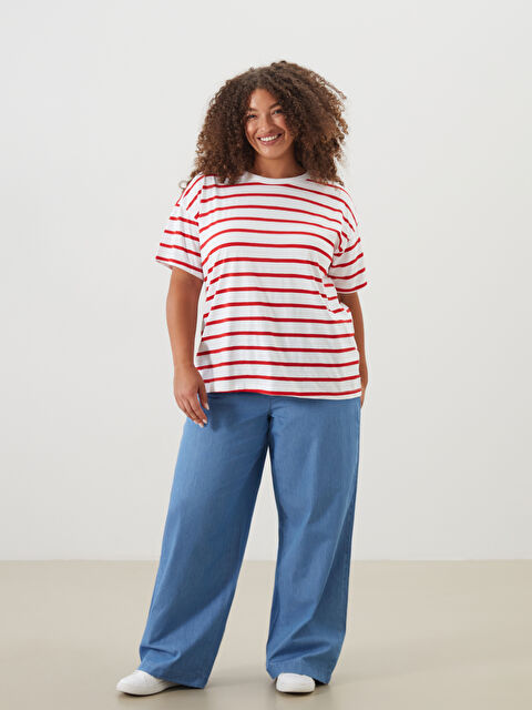 LCW Comfort Bisiklet Yaka Çizgili Kadın Tişört