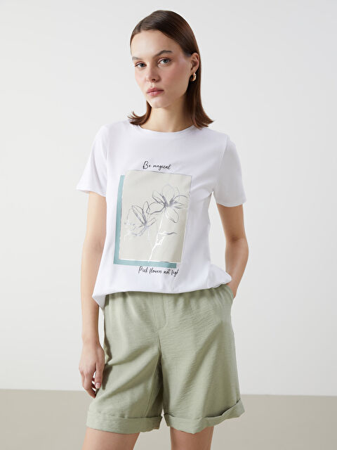 LCW Comfort Bisiklet Yaka Baskılı Kadın Tişört - S5HR05Z8-Q6K