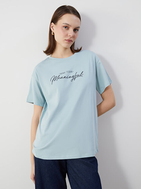 LCW Comfort Bisiklet Yaka Baskılı Kadın Tişört - S5HR06Z8-FGT