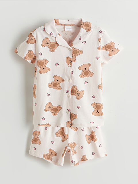 LCW Kids Collared Neck Bear Teddy Printed Girls' Shortie Pyjama Set - S5HY02Z4-LRA