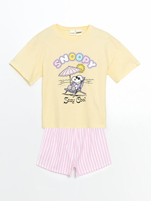 LCW Kids Қыздарға арналған дөңгелек жағалы снупи принтті қысқа пижама жинағы - S5HY45Z4-FDS