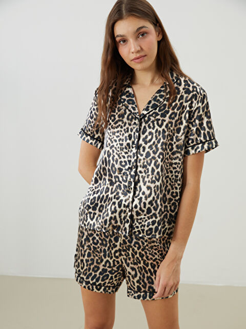 LCW DREAM Leopar Desenli Saten Kadın Şortlu Pijama Takımı - S5I001Z8-LQY