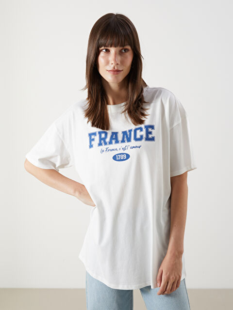 LCW Comfort Crew Neck France Printed Oversize Women's T-Shirt - S5I012Z8-R9J