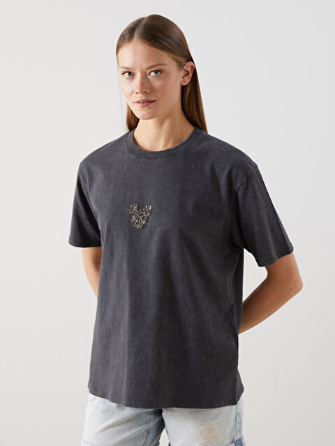 LCW Vision Mickey Mouse Taşlı Oversize Kadın Tişört - S5I058Z8-DC4