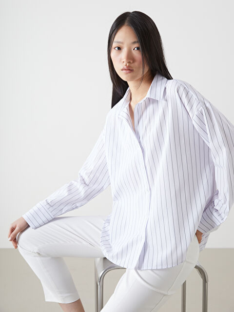 LCW Vision Çizgili Oversize Poplin Kadın Gömlek - S5I283Z8-LEG