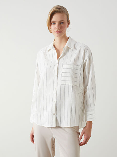 LCW Vision Çizgili Oversize Keten Karışımlı Kadın Gömlek - S5I326Z8-LEG