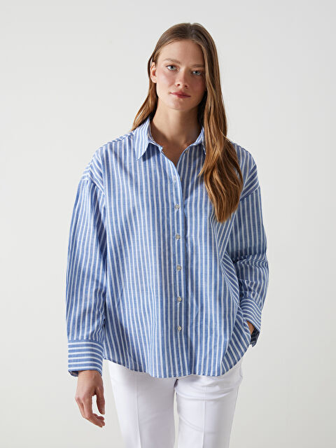 LCW Vision Çizgili Oversize Kadın Gömlek - S5I329Z8-LEN
