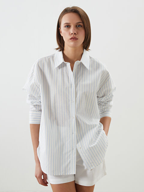 LCW Vision Çizgili Oversize Keten Karışımlı Kadın Gömlek - S5I334Z8-LEN