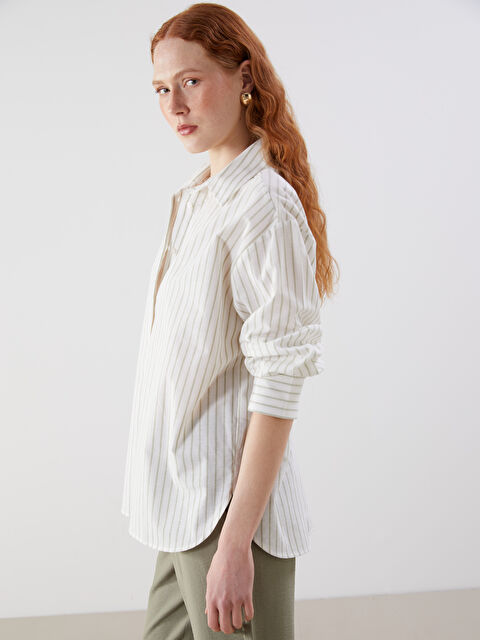 LCW Vision Çizgili Oversize Keten Karışımlı Kadın Gömlek - S5I334Z8-LFH