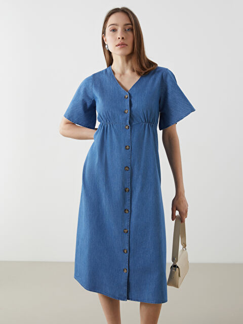 LCW Comfort V Yaka Kadın Jean Elbise - S5I366Z8-507